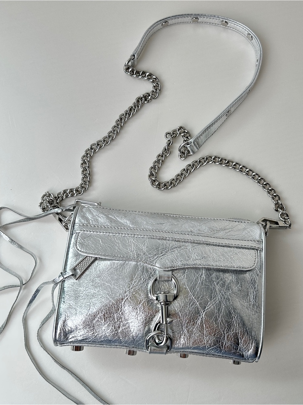 Rebecca Minkoff Metallic Silver Leather Mini MAC Crossbody Chain Purse Bag